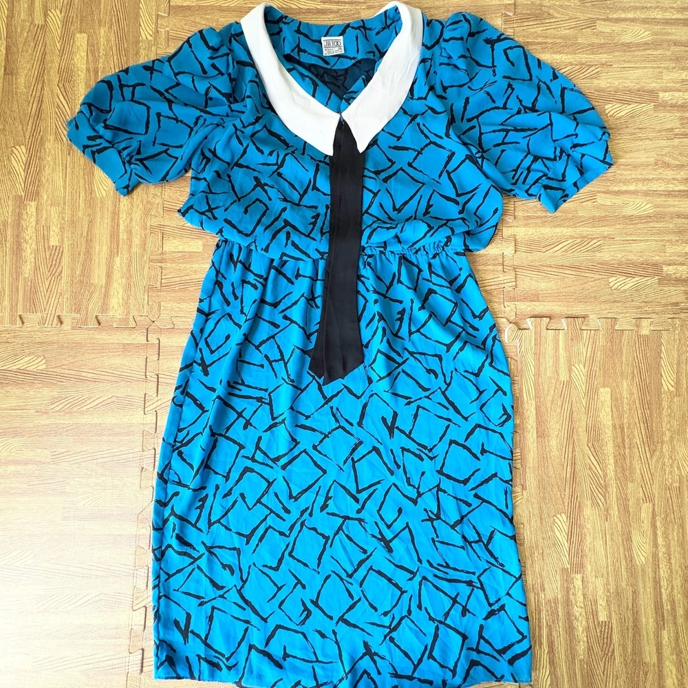 JB Too Vintage 80s Womens Size 14 Blue Abstract Print Collared Tie Dress - Picture 2 of 9